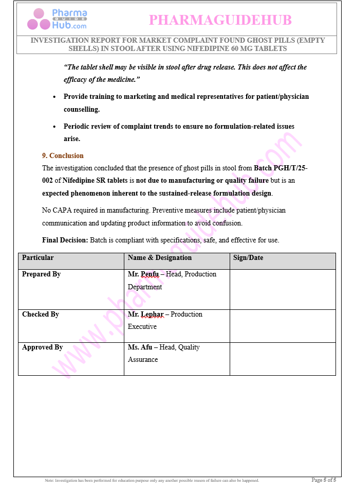 INVESTIGATION REPORT FOR MARKET COMPLAINT FOUND GHOST PILLS (EMPTY SHELLS) IN STOOL 