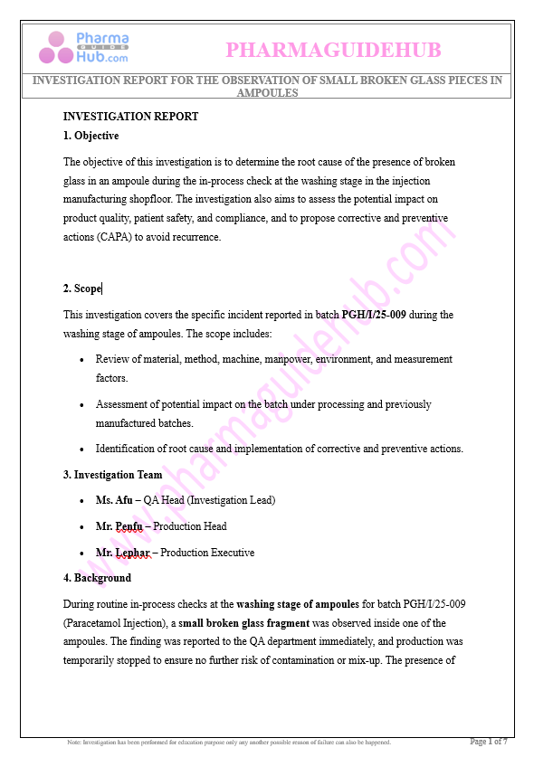 INVESTIGATION REPORT FOR THE OBSERVATION OF SMALL BROKEN GLASS PIECES IN AMPOULES