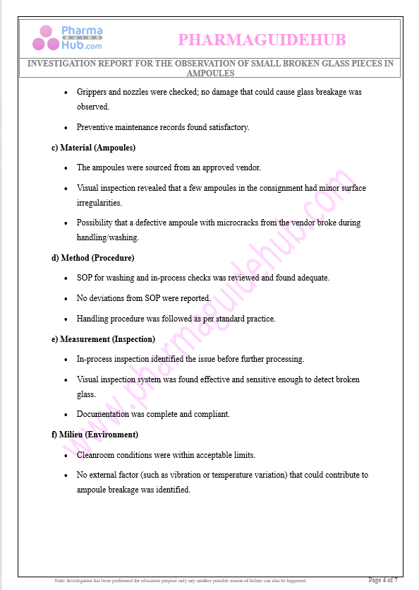 INVESTIGATION REPORT FOR THE OBSERVATION OF SMALL BROKEN GLASS PIECES IN AMPOULES