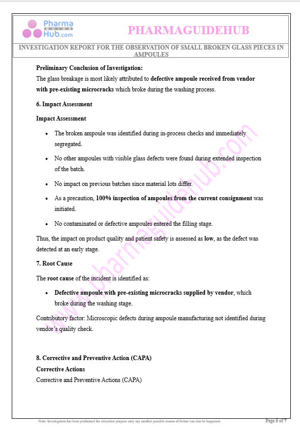 INVESTIGATION REPORT FOR THE OBSERVATION OF SMALL BROKEN GLASS PIECES IN AMPOULES