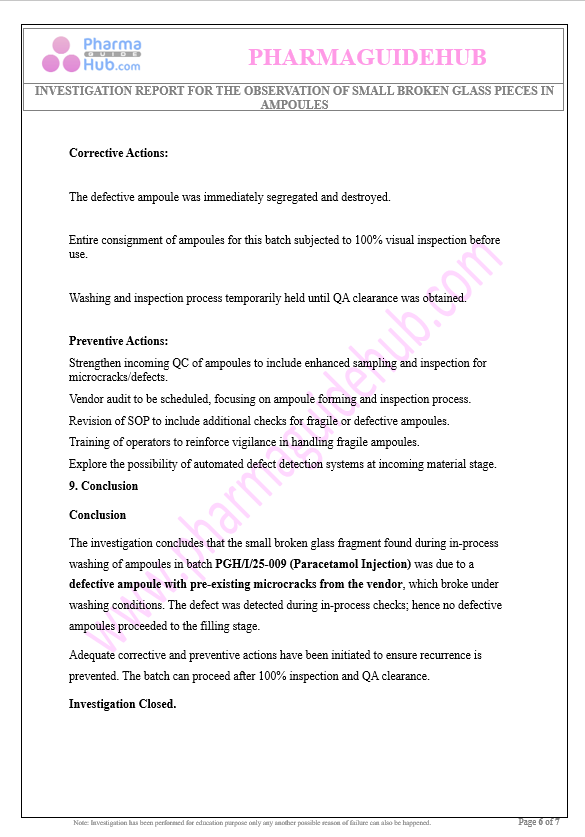 INVESTIGATION REPORT FOR THE OBSERVATION OF SMALL BROKEN GLASS PIECES IN AMPOULES