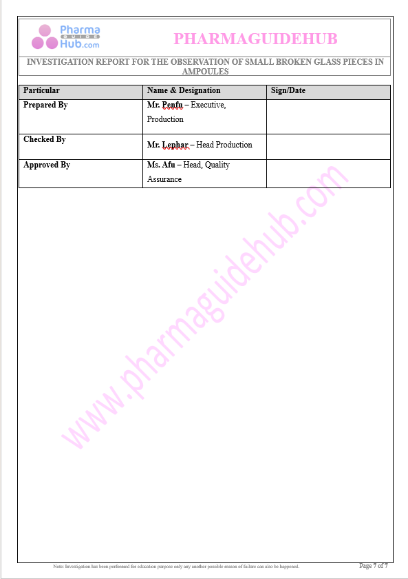 INVESTIGATION REPORT FOR THE OBSERVATION OF SMALL BROKEN GLASS PIECES IN AMPOULES