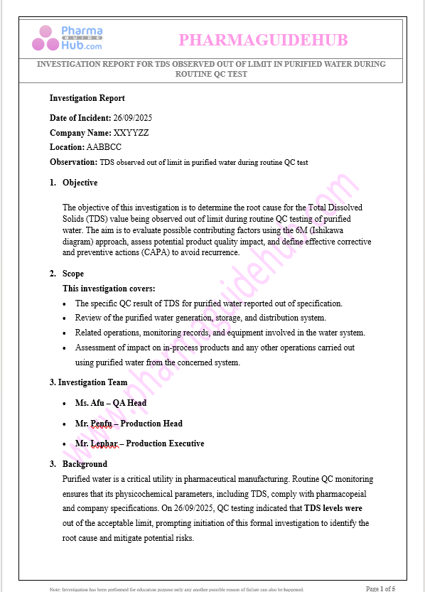 INVESTIGATION REPORT FOR TDS OBSERVED OUT OF LIMIT IN PURIFIED WATER DURING ROUTINE QC TEST