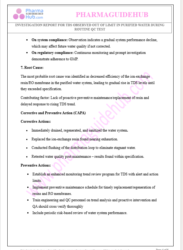 INVESTIGATION REPORT FOR TDS OBSERVED OUT OF LIMIT IN PURIFIED WATER DURING ROUTINE QC TEST