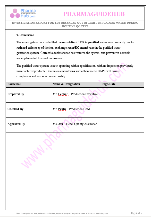 INVESTIGATION REPORT FOR TDS OBSERVED OUT OF LIMIT IN PURIFIED WATER DURING ROUTINE QC TEST