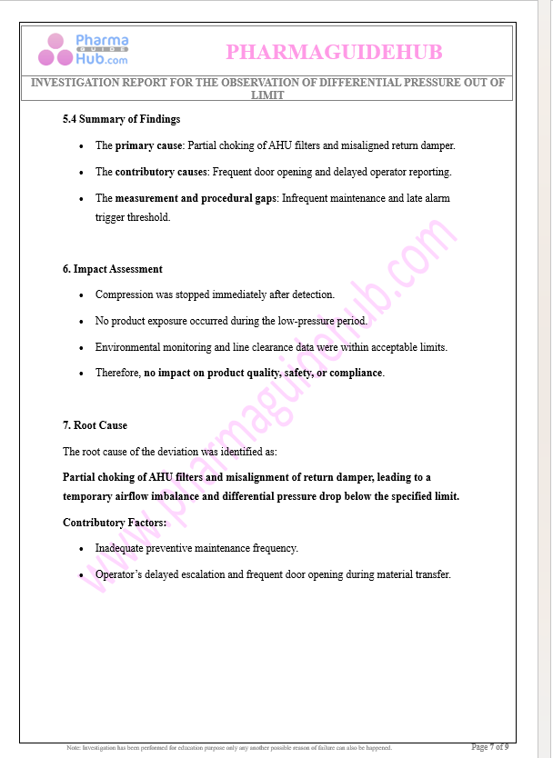 INVESTIGATION REPORT FOR THE OBSERVATION OF DIFFERENTIAL PRESSURE OUT OF LIMIT