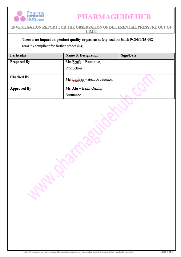 INVESTIGATION REPORT FOR THE OBSERVATION OF DIFFERENTIAL PRESSURE OUT OF LIMIT