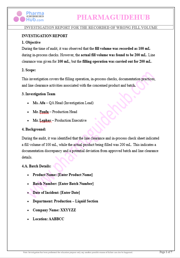 INVESTIGATION REPORT FOR THE RECORDED OF WRONG FILL VOLUME