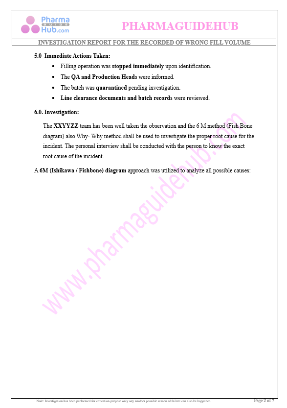 INVESTIGATION REPORT FOR THE RECORDED OF WRONG FILL VOLUME