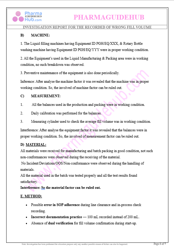 INVESTIGATION REPORT FOR THE RECORDED OF WRONG FILL VOLUME