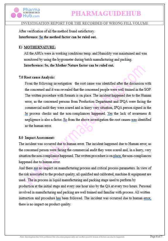 INVESTIGATION REPORT FOR THE RECORDED OF WRONG FILL VOLUME