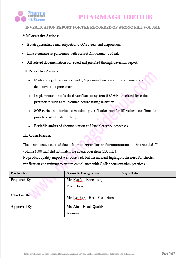 INVESTIGATION REPORT FOR THE RECORDED OF WRONG FILL VOLUME