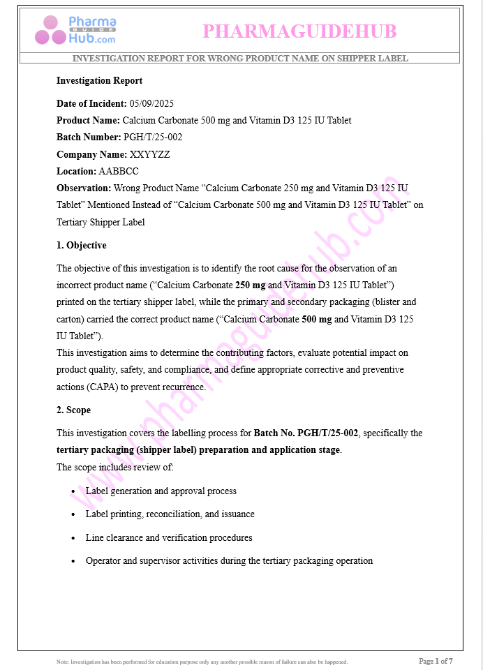 WRONG PRODUCT NAME ON SHIPPER LABEL