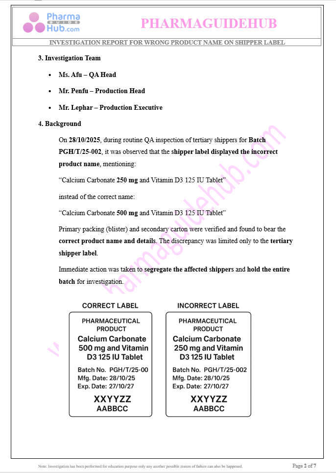 WRONG PRODUCT NAME ON SHIPPER LABEL