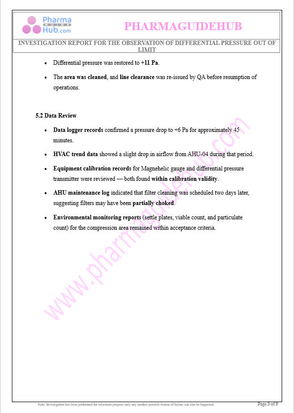 INVESTIGATION REPORT FOR THE OBSERVATION OF DIFFERENTIAL PRESSURE OUT OF LIMIT