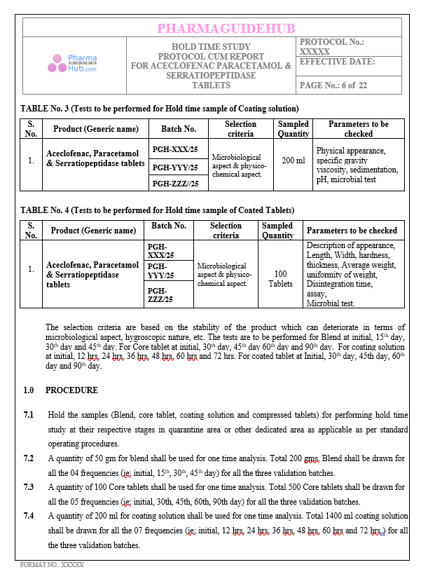HOLD TIME STUDY PROTOCOL CUM REPORT FOR ACECLOFENAC PARACETAMOL & SERRATIOPEPTIDASE TABLETS