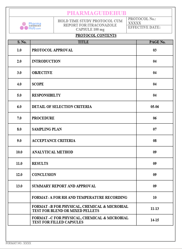 HOLD TIME STUDY PROTOCOL CUM REPORT FOR ITRACONAZOLE CAPSULE 100 mg