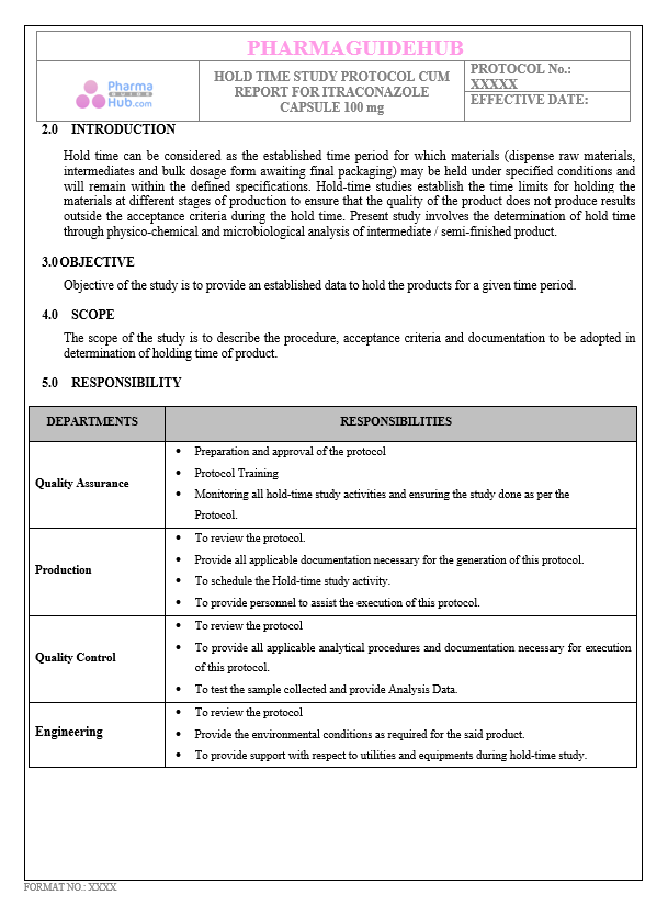 HOLD TIME STUDY PROTOCOL CUM REPORT FOR ITRACONAZOLE CAPSULE 100 mg