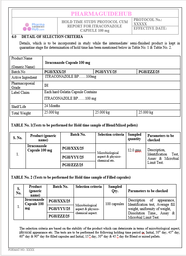 HOLD TIME STUDY PROTOCOL CUM REPORT FOR ITRACONAZOLE CAPSULE 100 mg