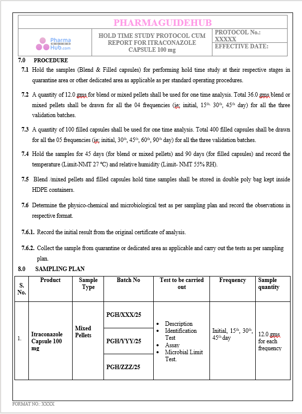 HOLD TIME STUDY PROTOCOL CUM REPORT FOR ITRACONAZOLE CAPSULE 100 mg