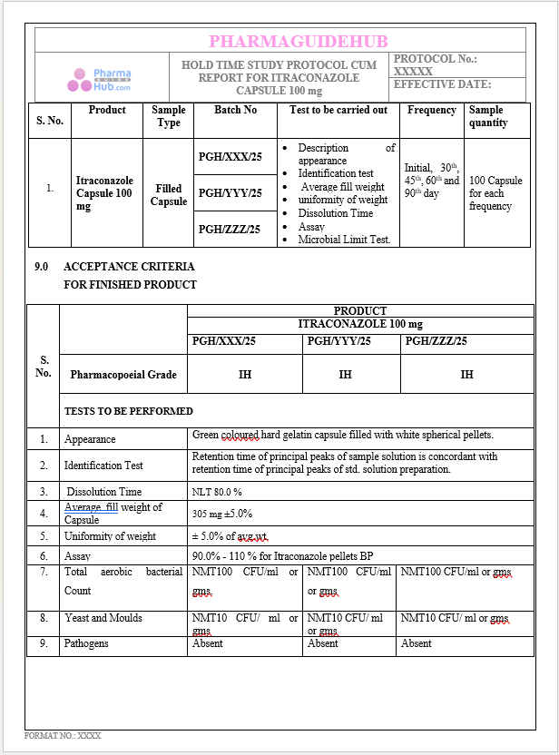 HOLD TIME STUDY PROTOCOL CUM REPORT FOR ITRACONAZOLE CAPSULE 100 mg