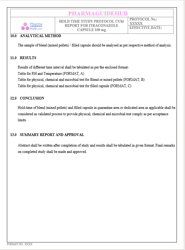 HOLD TIME STUDY PROTOCOL CUM REPORT FOR ITRACONAZOLE CAPSULE 100 mg