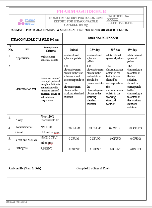 HOLD TIME STUDY PROTOCOL CUM REPORT FOR ITRACONAZOLE CAPSULE 100 mg