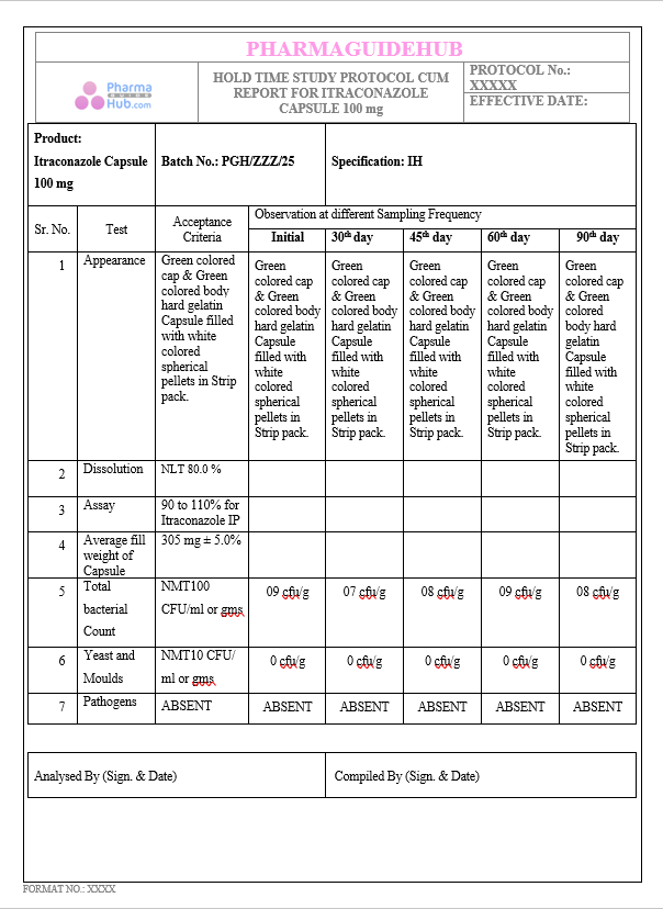HOLD TIME STUDY PROTOCOL CUM REPORT FOR ITRACONAZOLE CAPSULE 100 mg