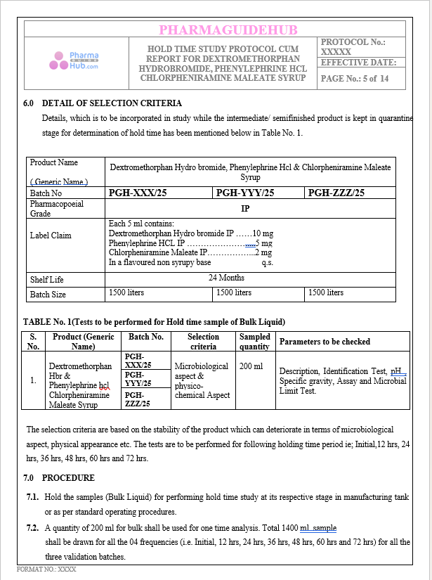 HOLD TIME STUDY PROTOCOL