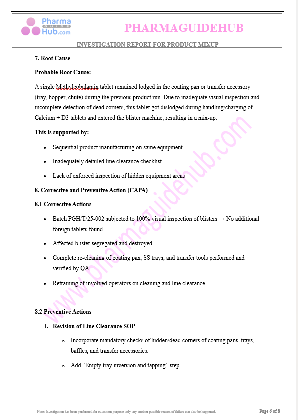 INVESTIGATION REPORT FOR PRODUCT MIXUP