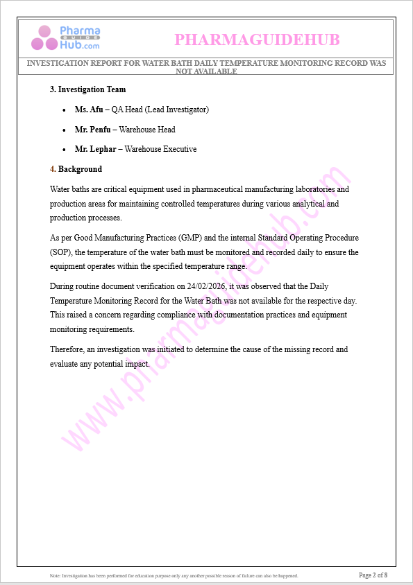 INVESTIGATION REPORT FOR WATER BATH DAILY TEMPERATURE MONITORING RECORD WAS NOT AVAILABLE