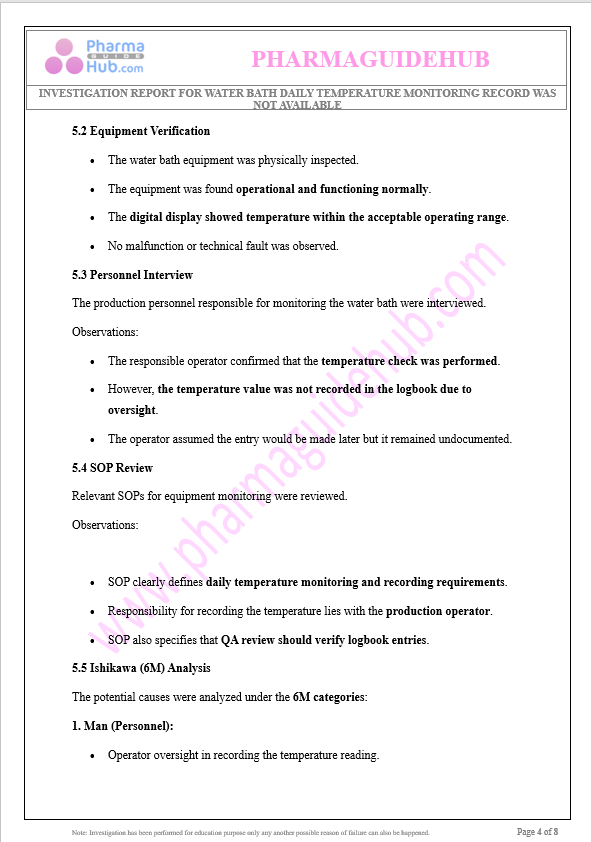 INVESTIGATION REPORT FOR WATER BATH DAILY TEMPERATURE MONITORING RECORD WAS NOT AVAILABLE
