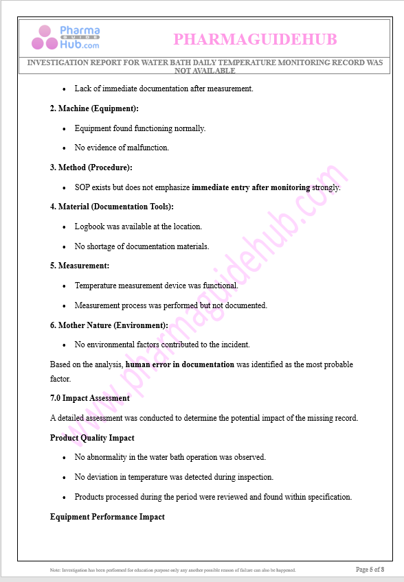 INVESTIGATION REPORT FOR WATER BATH DAILY TEMPERATURE MONITORING RECORD WAS NOT AVAILABLE
