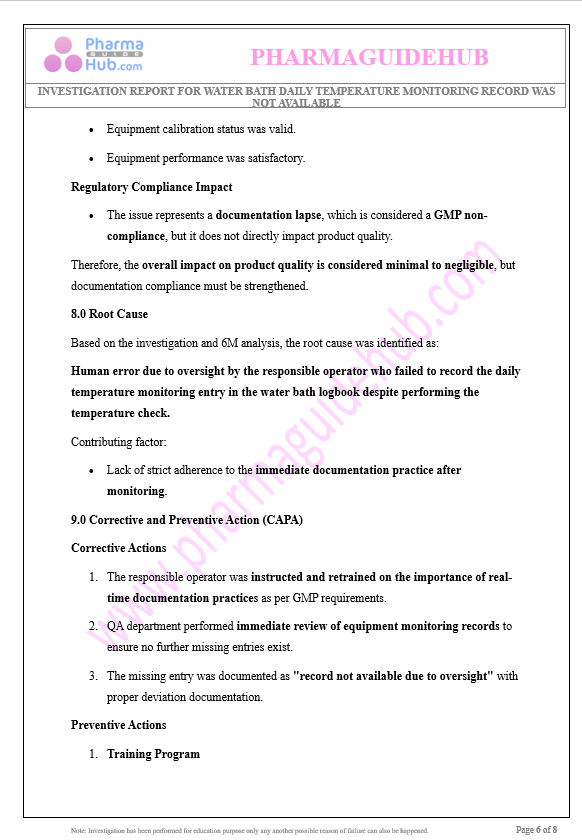 INVESTIGATION REPORT FOR WATER BATH DAILY TEMPERATURE MONITORING RECORD WAS NOT AVAILABLE
