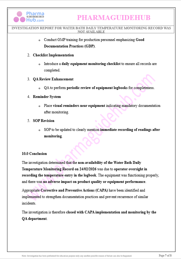 INVESTIGATION REPORT FOR WATER BATH DAILY TEMPERATURE MONITORING RECORD WAS NOT AVAILABLE