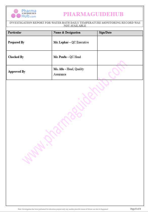 INVESTIGATION REPORT FOR WATER BATH DAILY TEMPERATURE MONITORING RECORD WAS NOT AVAILABLE