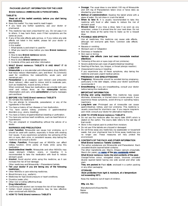 Read all of this leaflet carefully before you start taking this medicine.
• Keep this leaflet. You may need to read it again.
• If you have any further questions, ask your doctor or pharmacist.
• This medicine has been prescribed for you. Do not pass it on to others. It may harm them, even if their symptoms are the same as yours.
• If any of the side effects gets serious, or if you notice any side effects not listed in this leaflet, please tell your doctor or pharmacist.
In this leaflet:
1. What tablets is and what it is used for
2. What you need to know before you take Brand namexxx tablets
3. How to take Brand namexxx tablets
4. Possible side effects
5. How to store Brand namexxx tablets